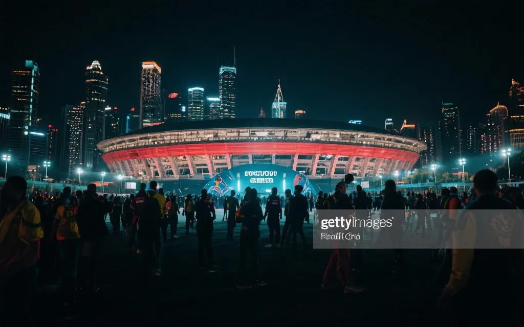 决赛城市夜景与球场外的观赛氛围想象图